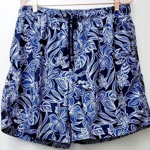 Trader Bay Blue White Floral Tropical Hawaii Swim Shorts Mesh Pockets Size Large
